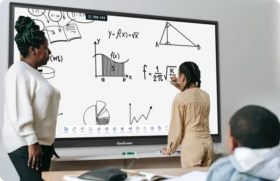 Students collaborating around a OneScreen interactive display